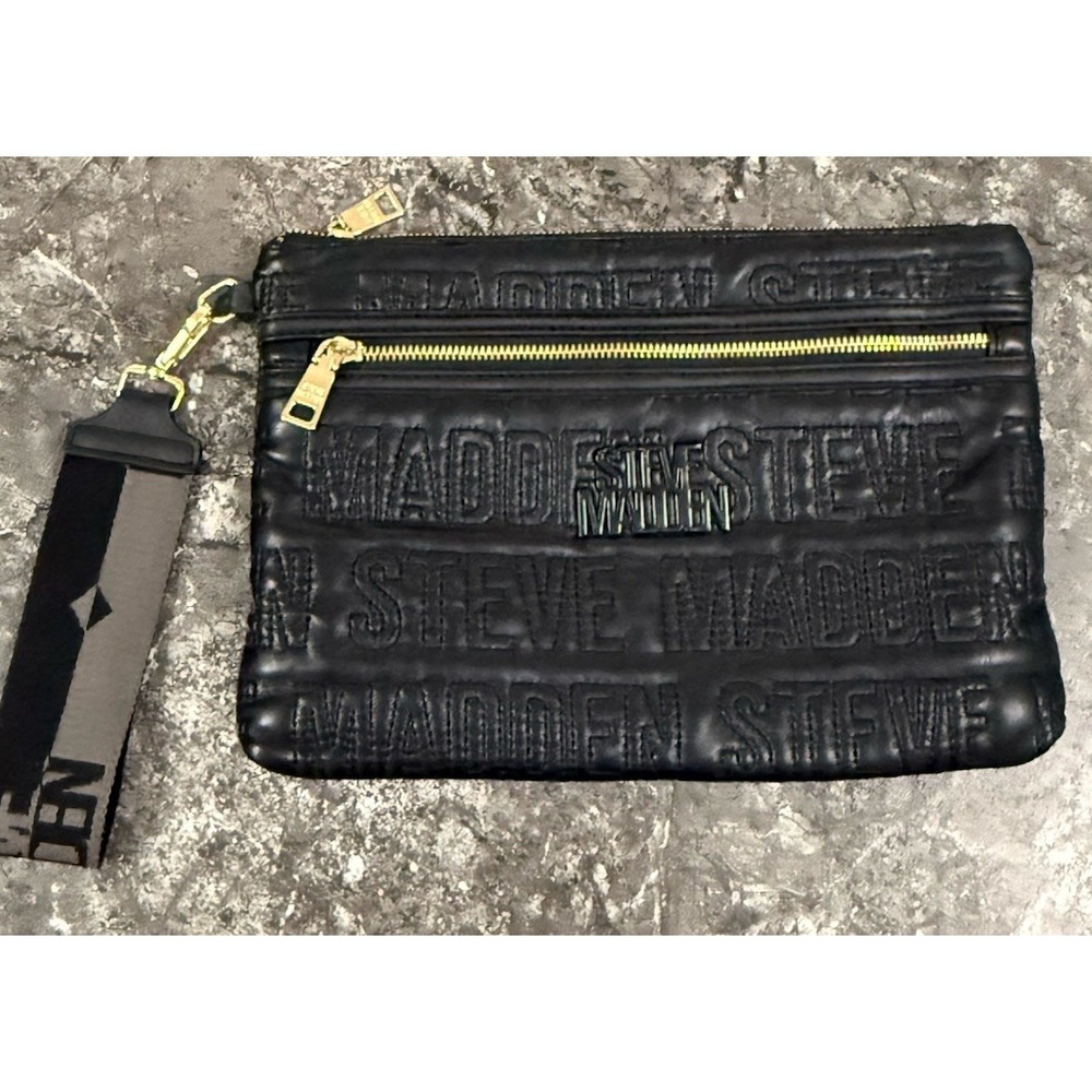 Steve Madden Black Embossed Logo Large Wristlet‎ Clutch Bag